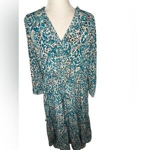 Chicos Dress 3 or XL Blue Midi Paisley Tiered Braid Ruffle Pockets Boho Flowy